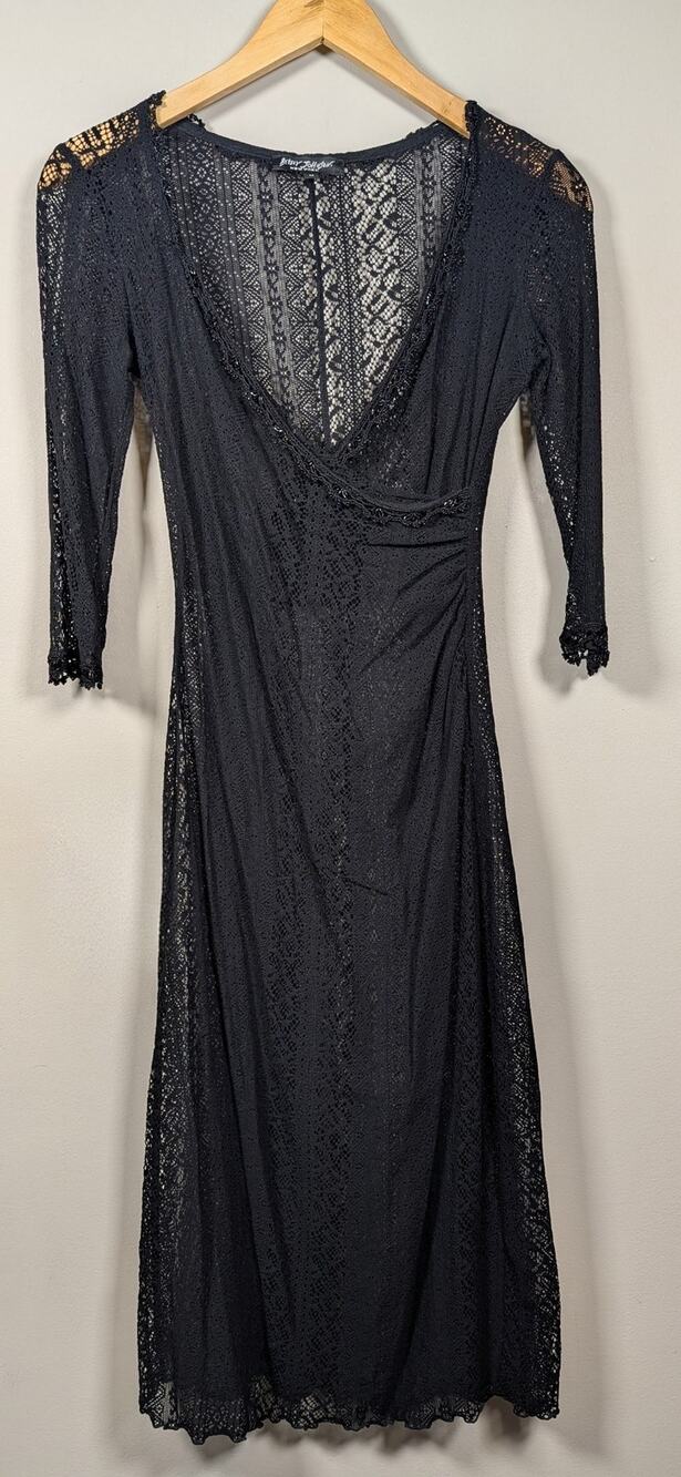 Vintage Y2K Betsey Johnson New York Mesh Surplice Dress Beaded Trim Black M